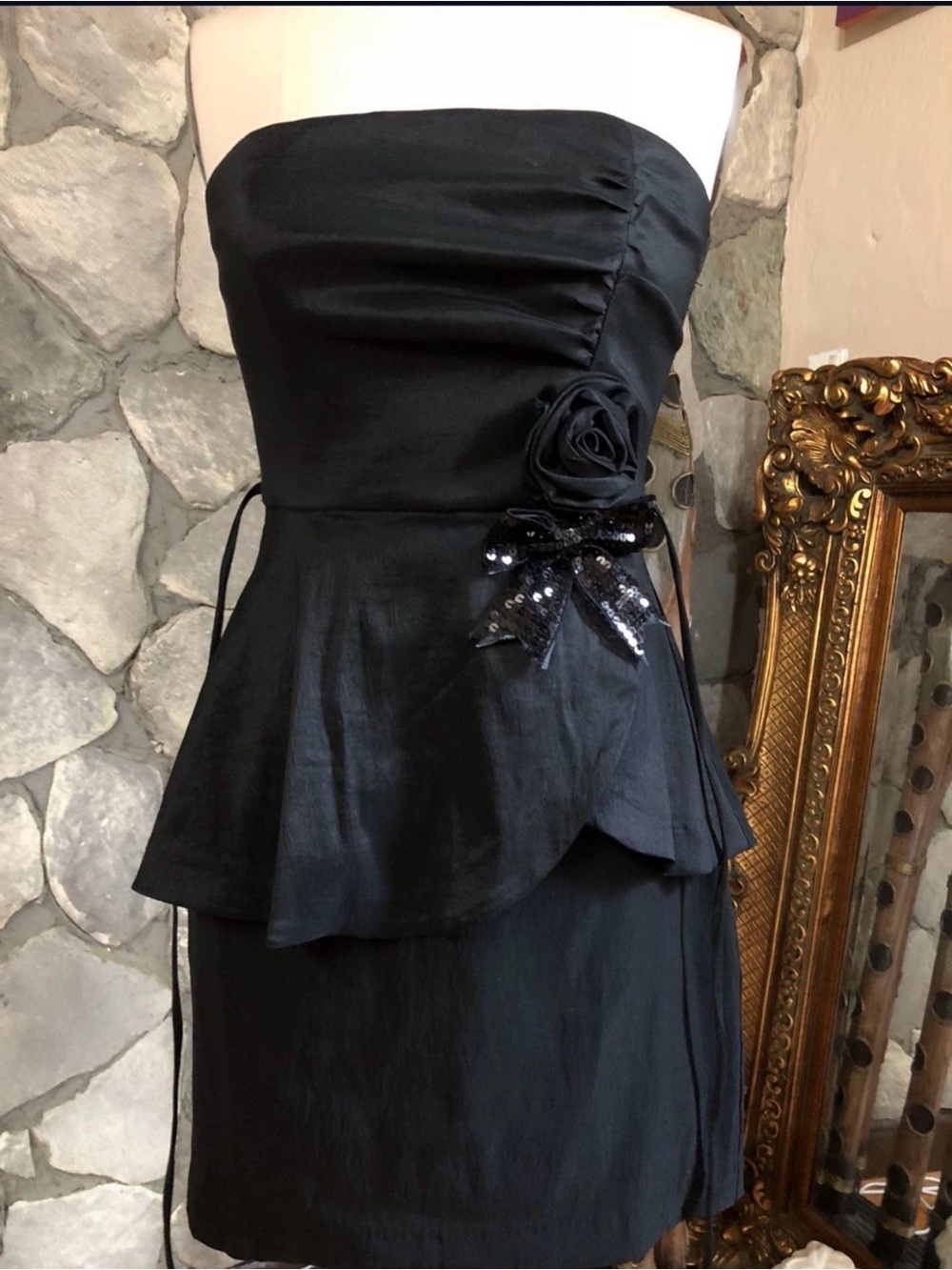 Teeze Me Black Strapless Peplum Dress with Floral Sequin Accent